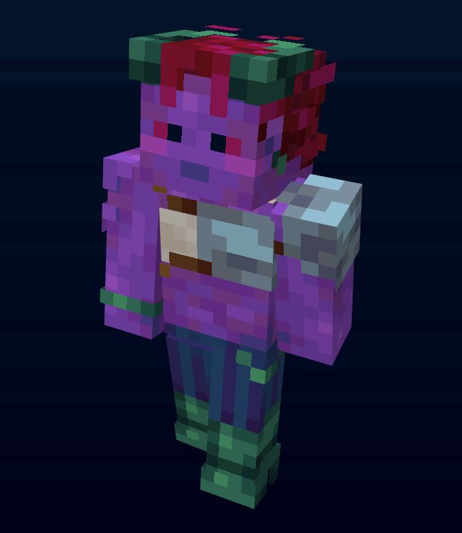 my minecraft skin (still work in progress)

a tiefling inspired character with purple skin, red eyes, and red-pink hair. he has 2 horns covered in a green metal, an earring, bracelet, waist chain, and boots in the same material.

his outfit will be changed/uodated, but currently he has a wrapping around his chest, with part of a chestplate on his left side, and more armor on his left shoulder. he has blue striped pants.
suggestions for a new outfit are welcome.