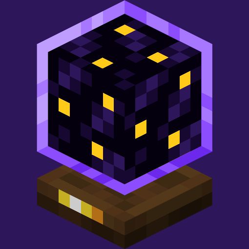 a minecraft styled 3d starglobe logo

snow globe shaped, a wooden base with a golden label, a dark purple cube for the globe with some yellow pixels for stars, the globe part has a light purple outline around it