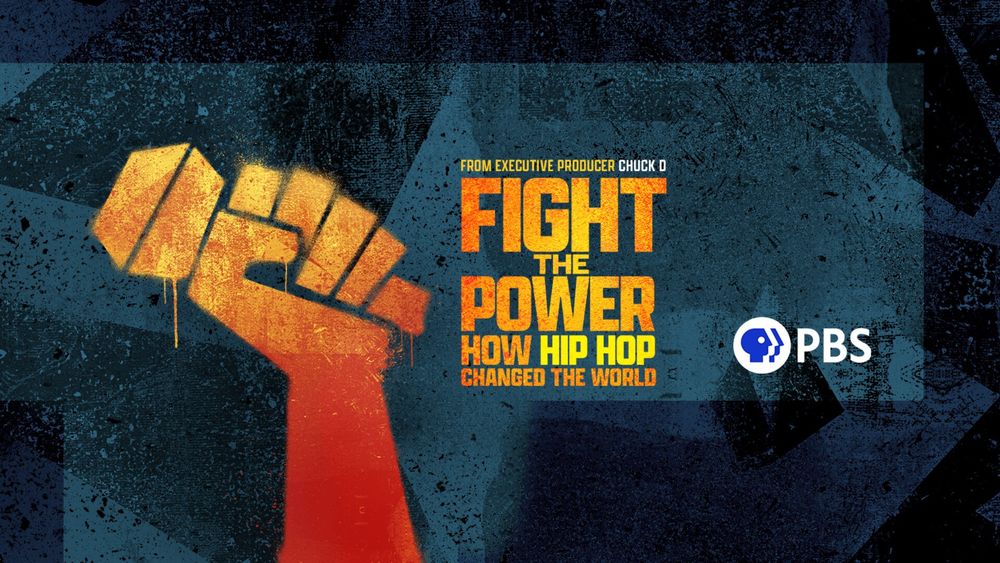 Cover art for the Fight the Power series, executive producer Chuck D, from PBS. Drawing of a fist holding up a microphone 