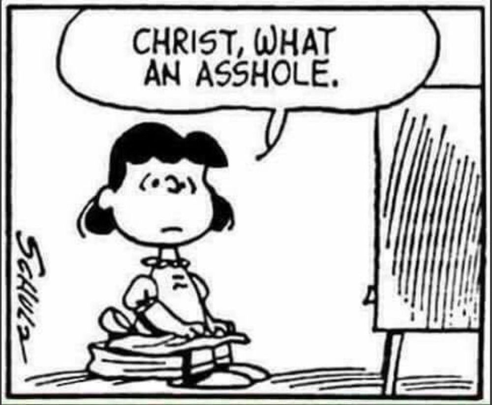 Lucy Van Pelt sitting in front of a TV saying Christ, what an asshole 