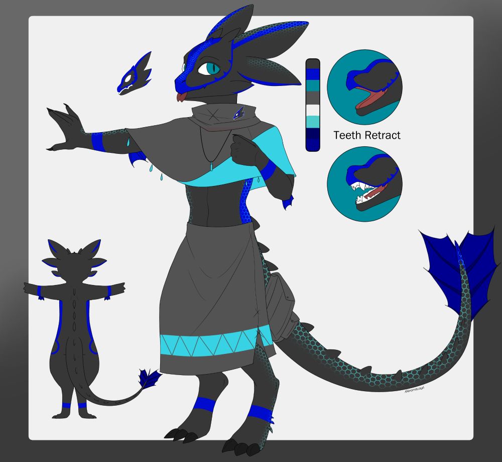 A ref sheet depicting a black and blue kobold night fury named Maxzinus 