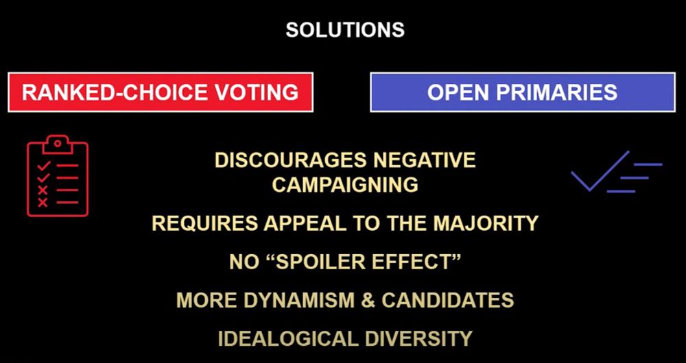 Screen shot from the Forward Party about reasons that ranked-choice voting and open primaries will fix our polarized political quagmire. Reasons: discourages negative campaigning, requires appeal to the majority, and it removes the spoiler effect, and increases dynamism, candidates, and ideological diversity.