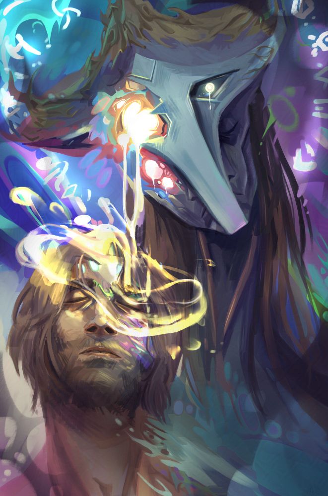 (Arcane Fanart/ Jayce/Viktor) Arcane herald Viktor with half of his face cracked open with magical golden goop pouring out of the crack. The goop is being poured onto Jayce's face. Jayce additionally has some hex-scarring on his face. He has a calm expression. They are both being consumed by the magic. 