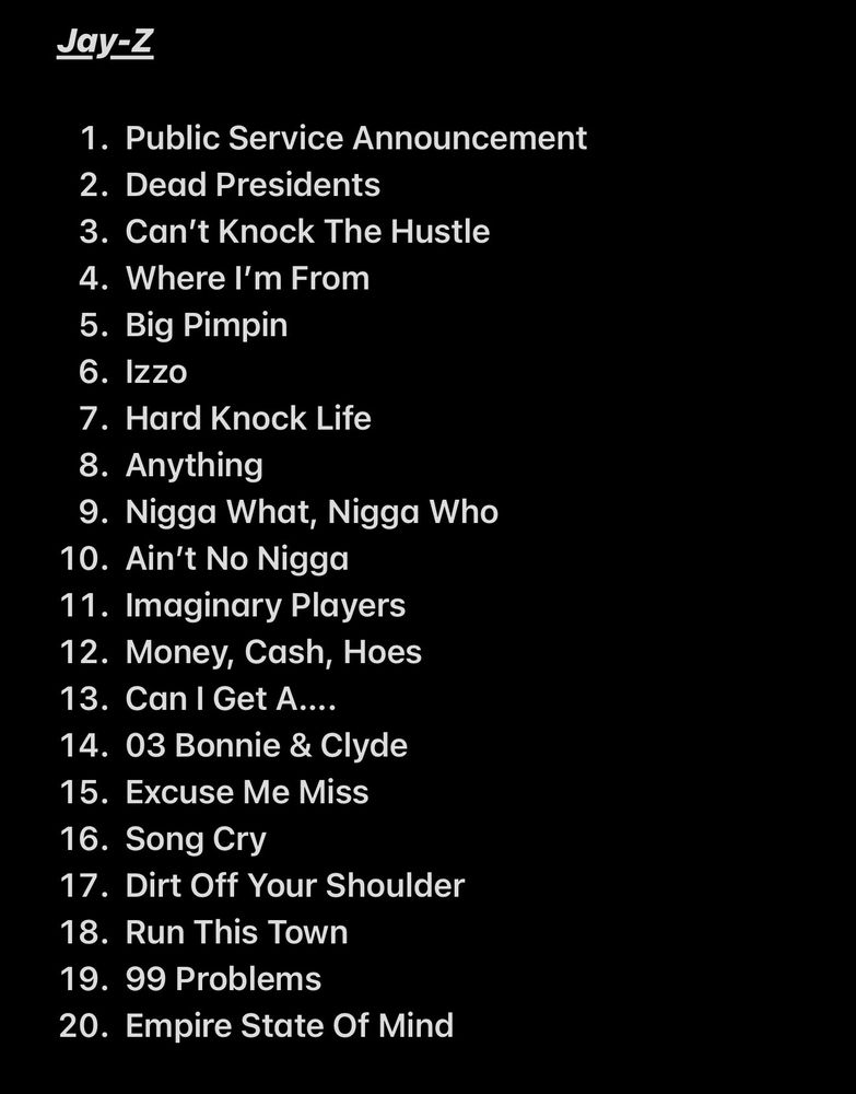 20 Jay-Z Tracks he would presumably perform in a verzuz battle vs T.I. 