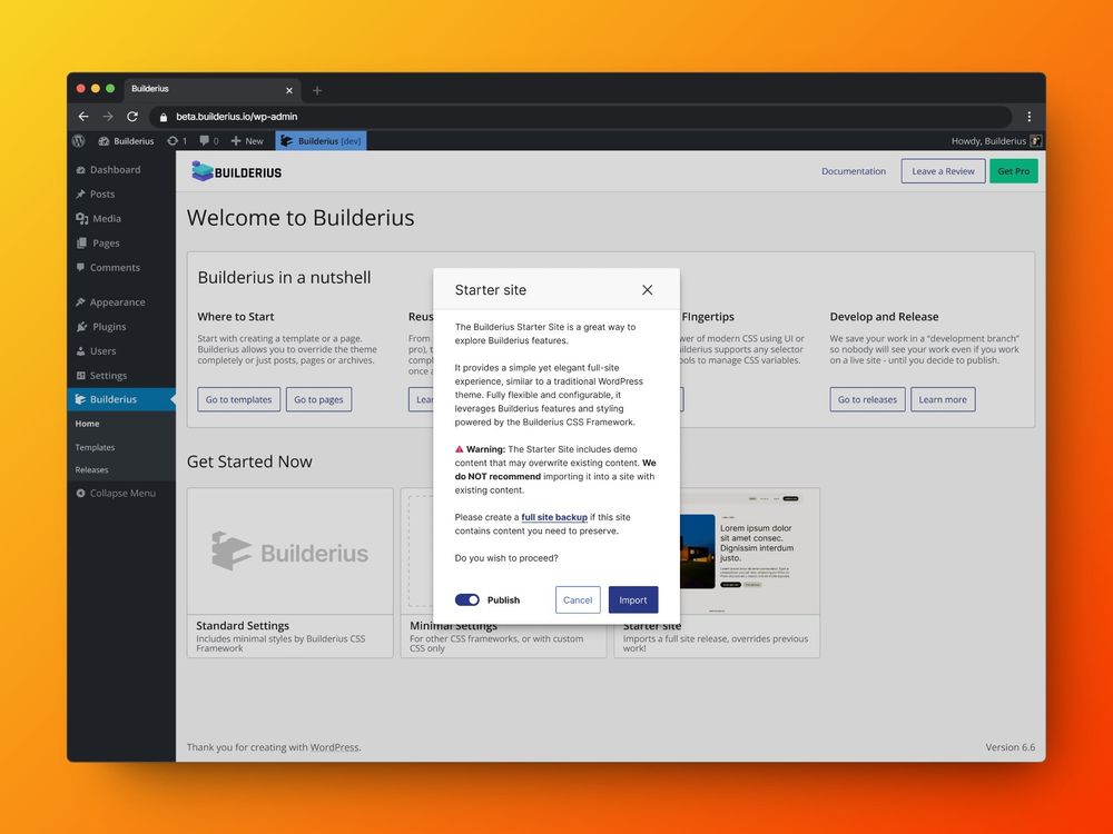Starter site modal presemts an option for those that what not to start from Scratch 