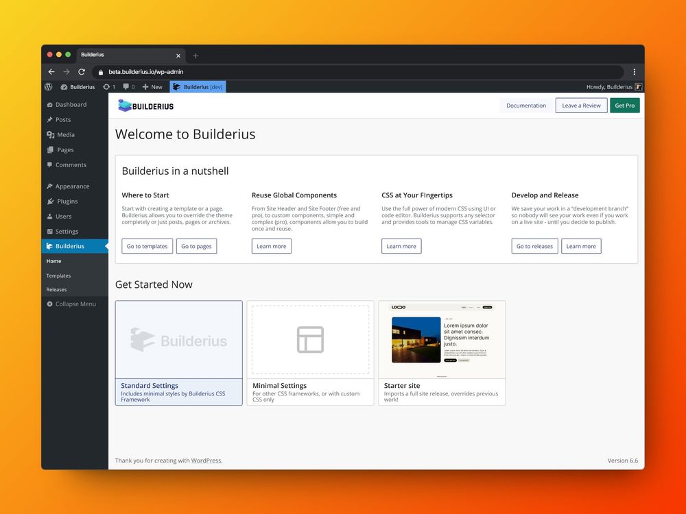 Builderius start page shows quick start options. Standard, minimal, starter site