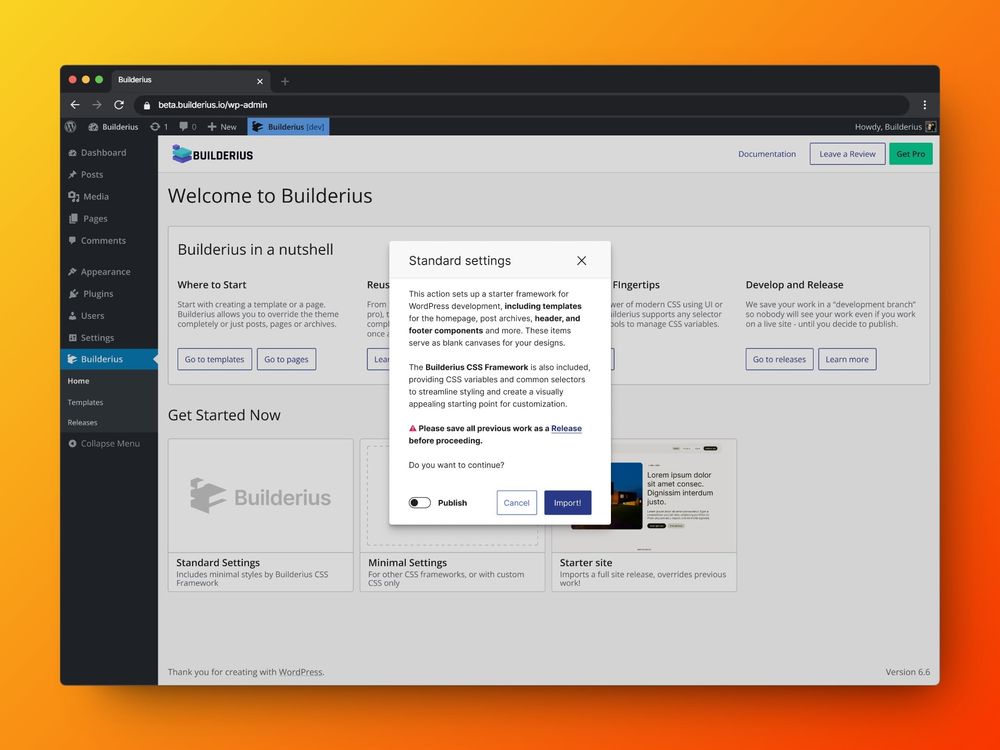 Standard settings modal presemts an option to start with Builderius framework and site structure premade 