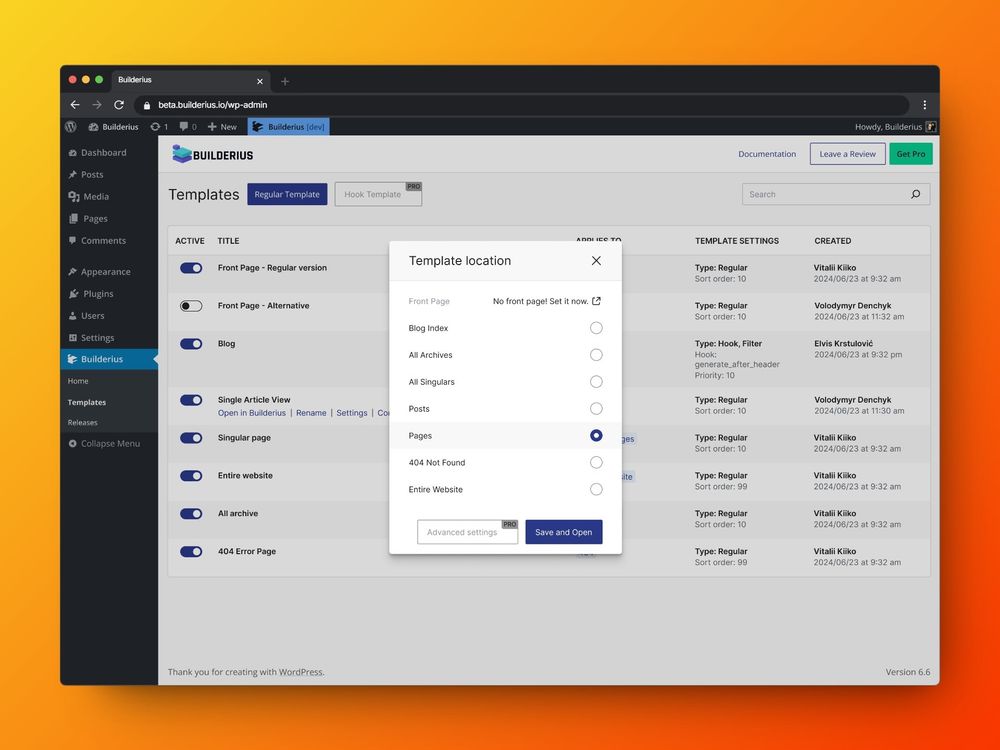 Template locations modal showing common WP theme locations 