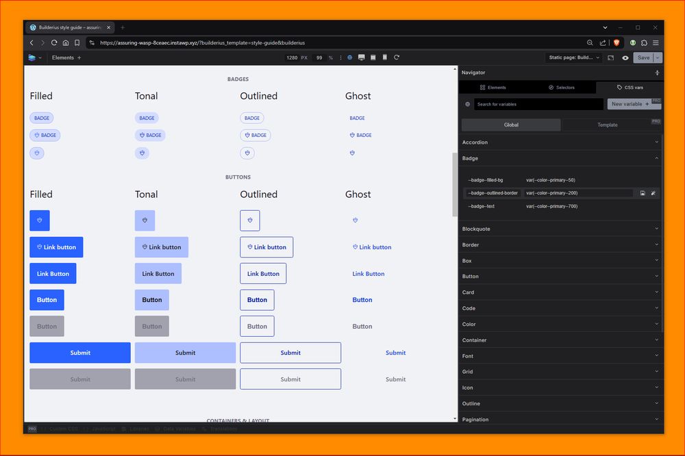 Builderius builder interface, showing a page with components and css variables panel open