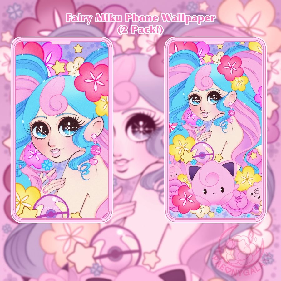 Graphic of two Fairy Miku wallpapers, one is a more up-close shot of her face, the other is pulled back and showing the fuller original piece where she is surrounded by various flowers and framed by the pokemon (left to right) Clefairy, Jigglypuff, and Igglypuff. 