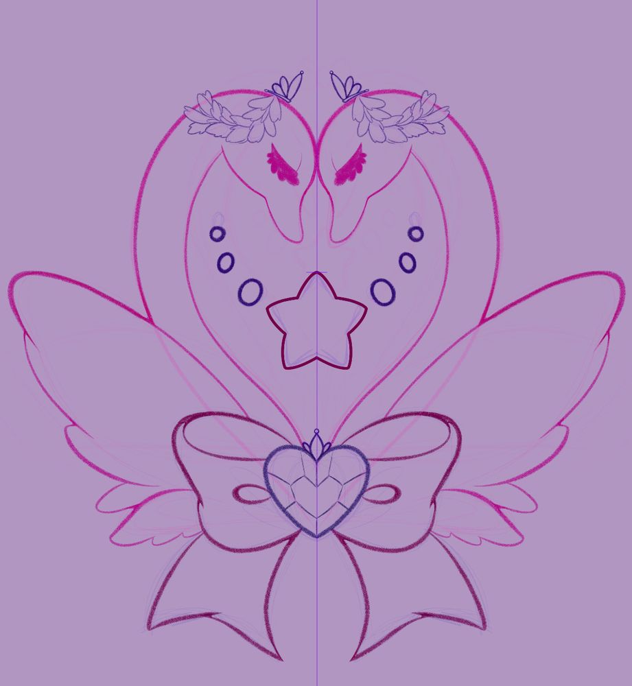 Rough design of a sticker with two swans facing each other making a heart shape together 