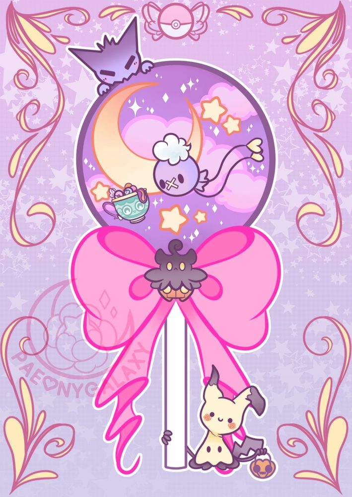 A group illustration of ghost pokemon (left to right top to bottom) Haunter, Sinistea, Drifloon, Pumkaboo, and Mimikyu. The illustration is made up of a large lollipop with a bright pink bow (with Pumpkaboo in the center of the bow) Drifloon and Sinistea in the center of the lollipop that is drawn like a nightscape, Haunter munching on the lollipop while Mimikyu holds the lollipop with one hand and a halloween candy bucket in the other.