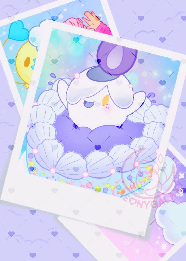 Print of the pokemon Litwick, done for a stamp rally at a recent convention, Litwick is popping out from the center of a cake, the piece is meant to look like a few different Polaroids scattered on some carpet with Litwick's at the top and beneath it a hidden shiny drifloon in one picture the other being of a night sky.