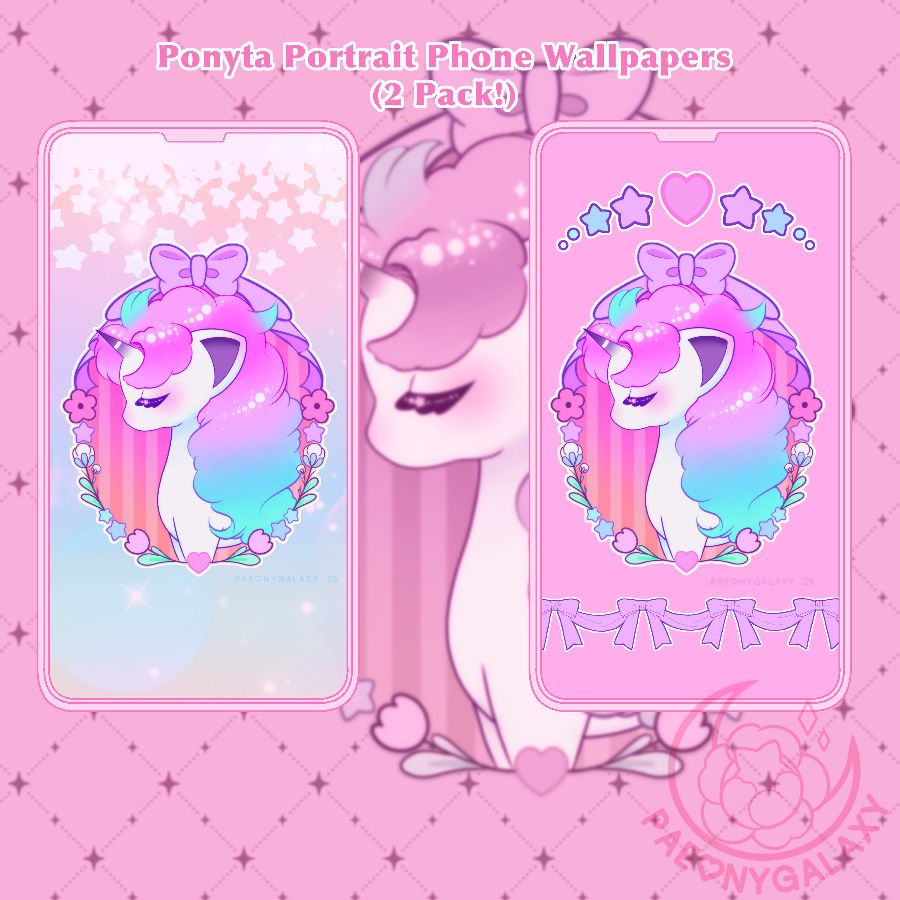 Graphic displaying two phone wallpapers of Galarian Ponyta done in a portrait (was going for cutesy kinda vintage vibes) framed with simple stars, flowers and ribbons. One has a rainbow sparkly background with falling stars and the other one is a little more simple with pink for the color and decorated with hearts, stars, and ribbons to match the overall portrait. 