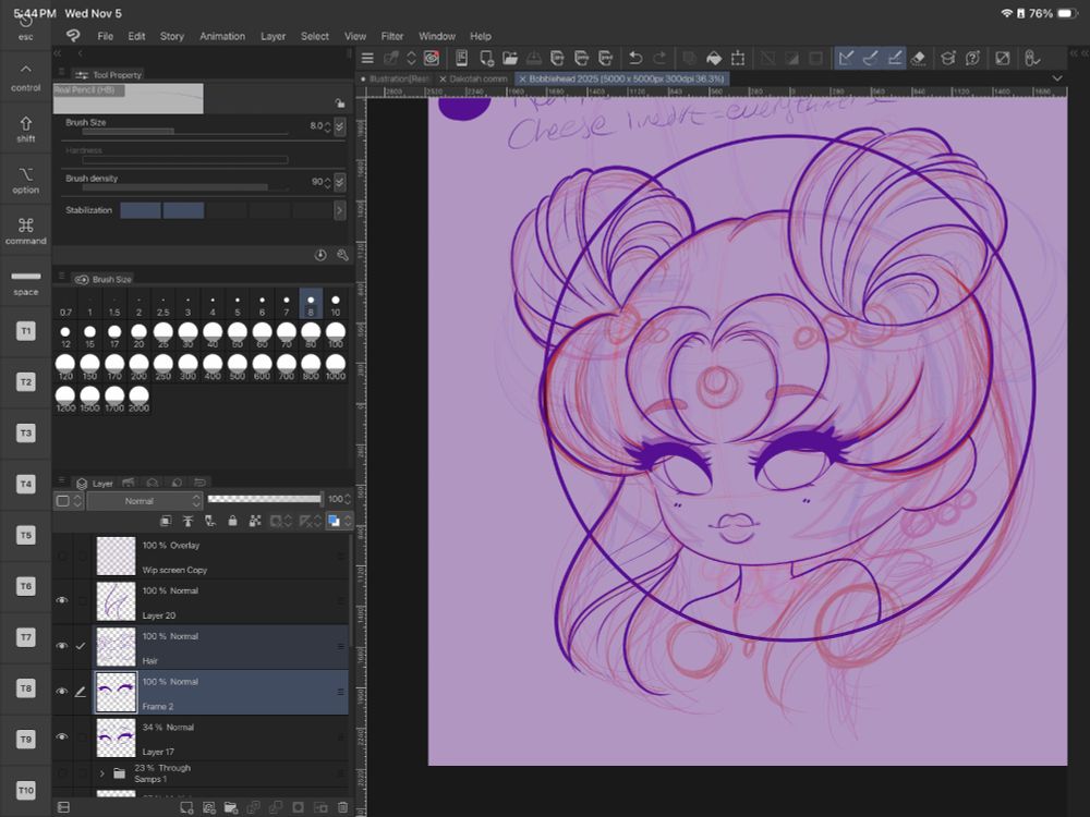 My layout in Clip Studio Paint by default, with mainly only the brush size menu and layers open on the left, I also sometimes use the on screen shortcuts as well (mainly only the shift button, nothing else is programmed)