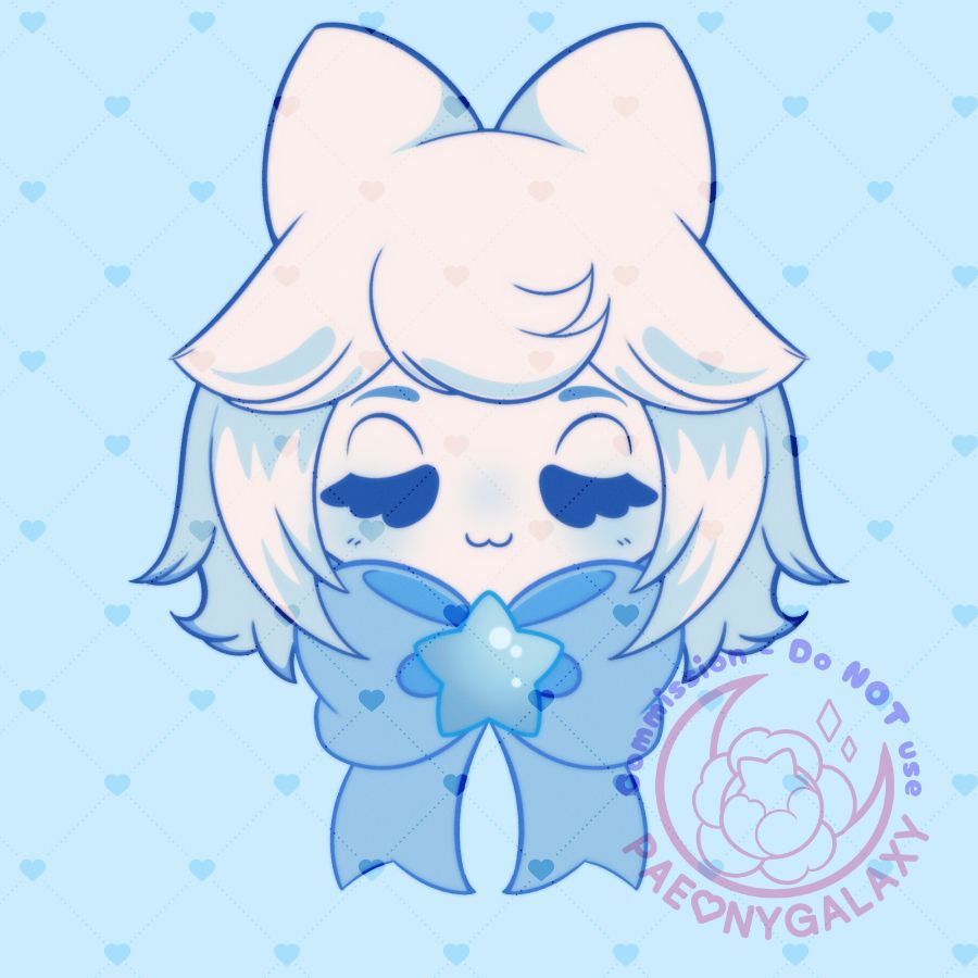 A chibi styled head of a character with cat like ears and wearing a large ribbon with a star brooch in the center, the colors are mostly shades of blue with a bit of white.