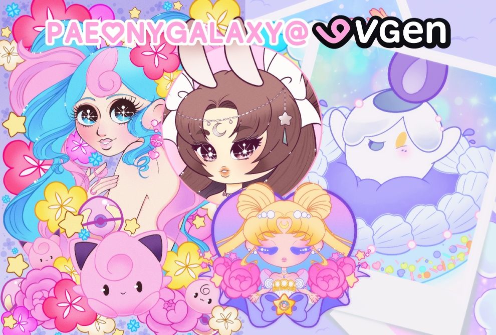 Large colorful banner with various illustrations of commission offerings. Some are fanart featuring Miku, Sailor Moon and Pokemon, and one example being of a Gaia avatar done in a Chibi portrait top of the image reads Paeonygalaxy (at symbol) vgen.