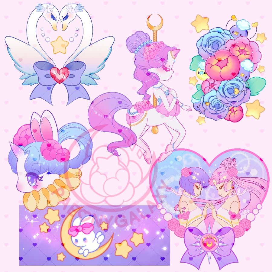 Various merch designs both original and fanart works showcasing various animals and characters such as swans, unicorns, bunnies, fanart pieces containing Drifloons and Sailor Moon