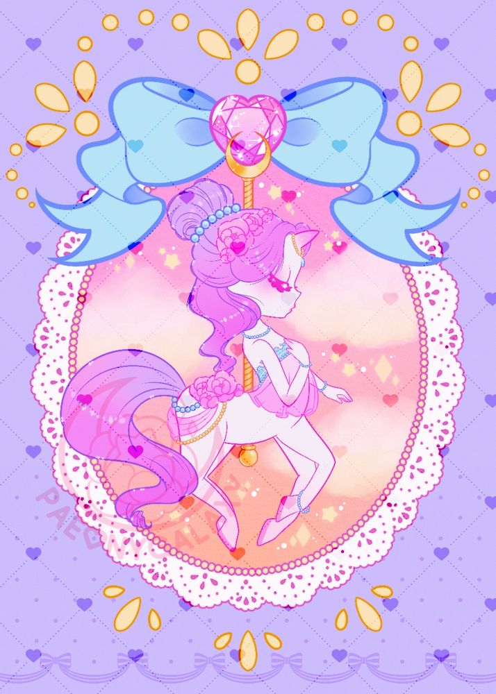 Print done for 2025's con season, of a centaur unicorn girl, slightly chibi like, she's meant to look like a carousel pony, framed behind her is a sunset sky. 