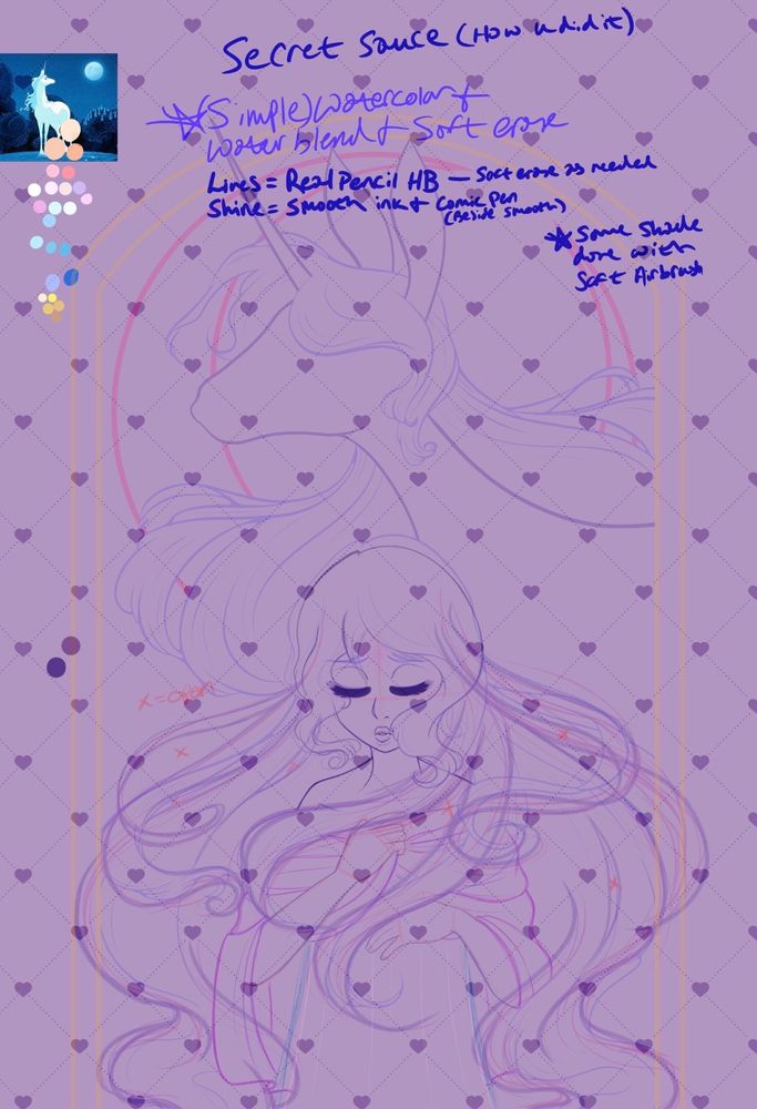 A rough sketch of Amalthea from The Last Unicorn, with a silhouette of the unicorn above her. 