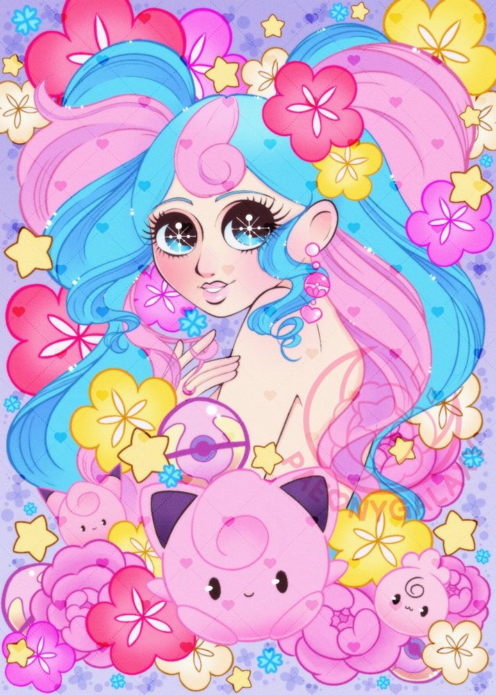 Fully finished piece of Fairy Miku done in the style of Macoto Takahashi and based off a piece of his from the 1970s, Miku is looking over her shoulder, surrounded by various flowers along with stars, with the pokemon Clefairy, Jigglypuff, and Igglypuff framing the bottom of the piece. 