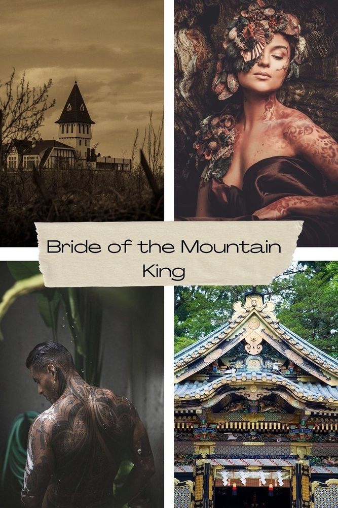 Four pictures of a small town, a ypung woman covered in flowers, a tattooed handsome man, and a colourful temple. The middle says "Bride of the Mountain King"