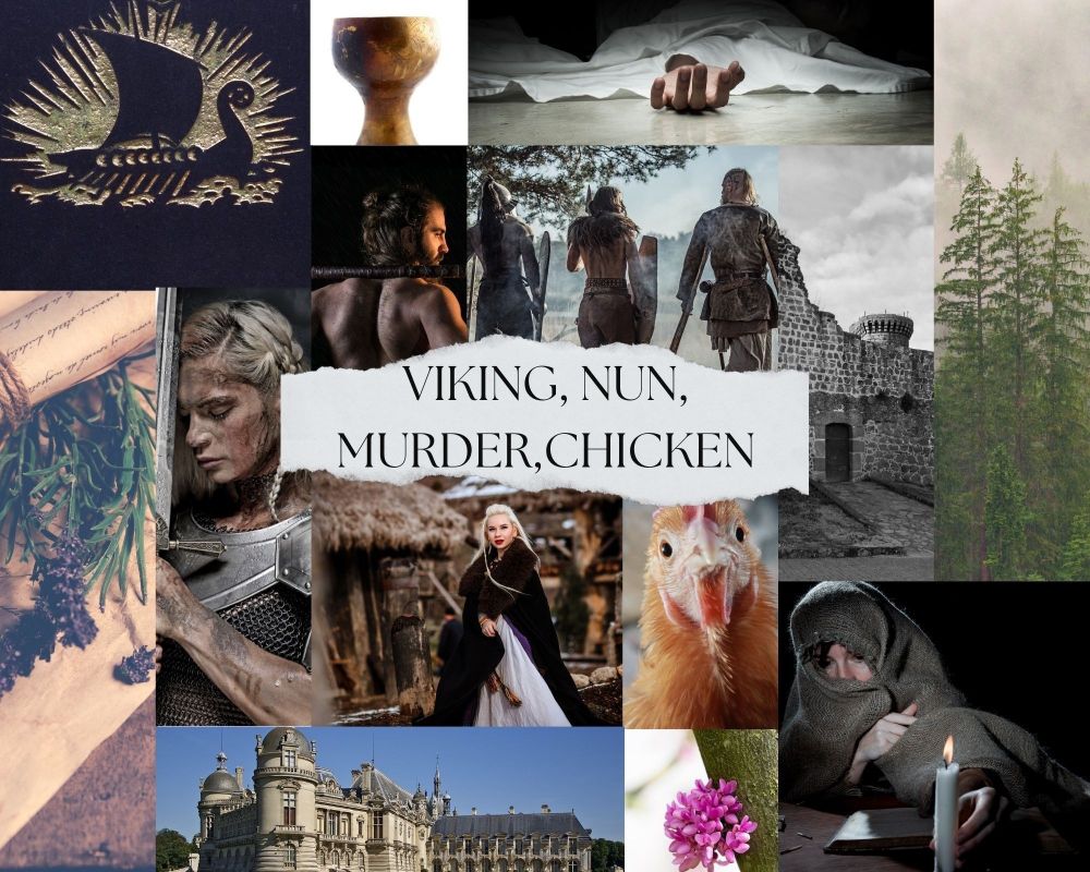 A collage of Viking and medieval themed images including a goblet, warriors, and nuns, French lavender, a castle and Nunnery a random chicken and a very cold you woman wrapped in a grey blanket.