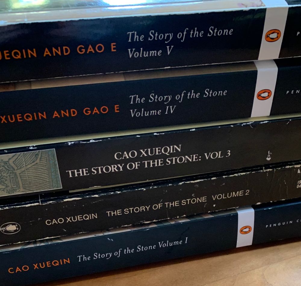 Photo of all five volumes of The Story of Stone by Cao Xueqin (translated by David Hawkes & John Minford)