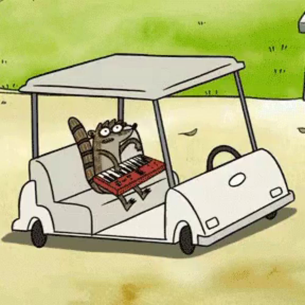 a cartoon of a raccoon sitting in a golf cart playing a keyboard