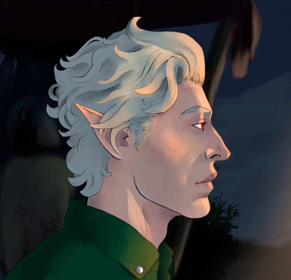 Character Astarion from Baldur's Gate 3. In camp at night, looking solemnly at campfire.