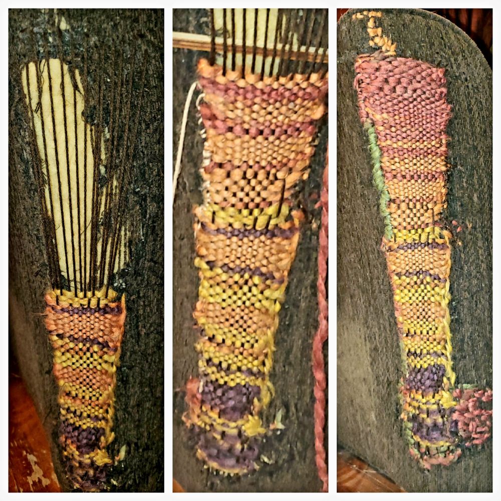 A three-section collage photo. Left photo is the beginning of a multicolour wool yarn weaving repair to a torn sofa arm. Center photo shows 3/4 complete. Right photo shows the eclectic completion. 