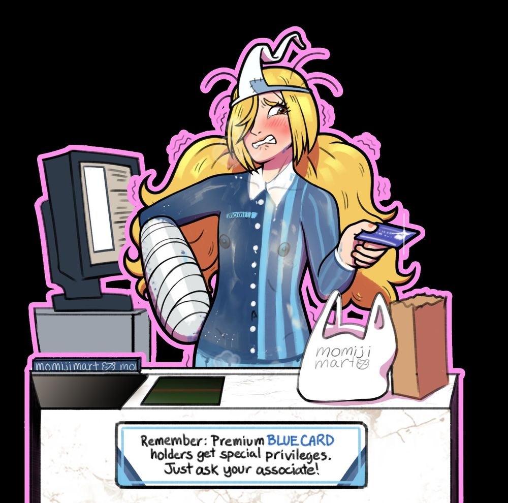 Momiji Binboda from Good Luck Girl squirming and shaking with equal parts arousal and embarrassment. She's acting as a cashier with painted-on clothes, handing the viewer back their rewards card.