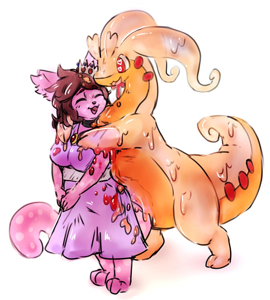 an orange and red goodra hugging a pink cat princess. art drawn by @meltcoil on twitter