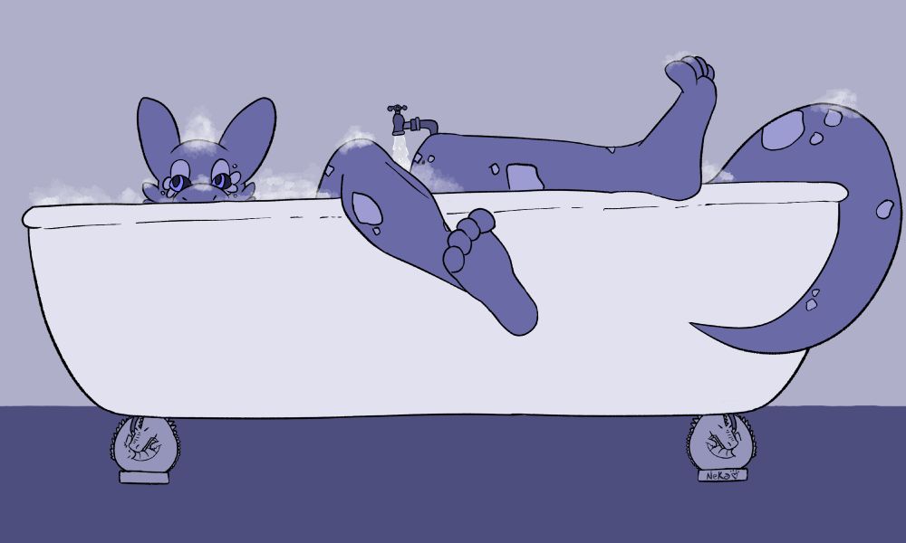 Rad, the salamander, inside a bathtub, showing only half the head, the legs and the tail.