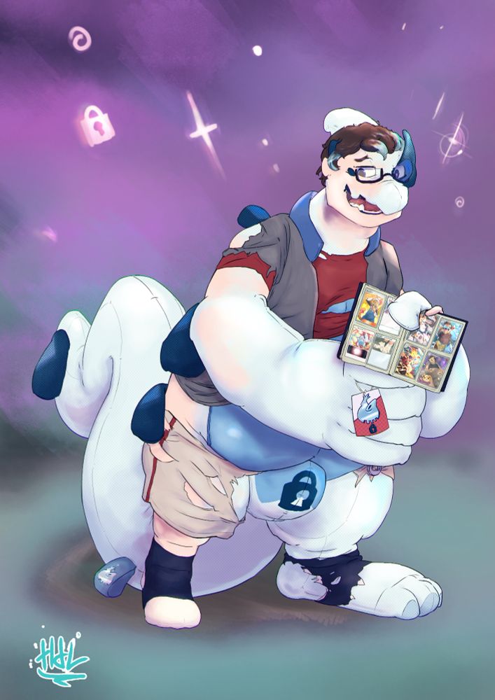 Plush Lugia tranformation
A man with glasses is holding a trade binder showing off his card collection. He has grown already a big tail, a pair of wing-arms and lugia's head fin and snout.
He wearing a gray hoodie, a red shirt, beige shors and socks, all torn up by the larger soft plush anatomy.
He has a tag tied up to one of his fingers.
He has grown a large bulge, with a large locket over it
