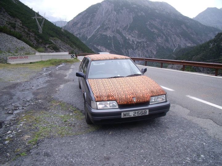 A Rover 800 saloon funeral car conversion covered in orange fur half way up the Stelvio pass
