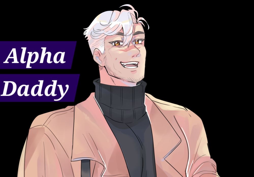 Suki's art of Alpha Shiro.

Alpha Shiro has white hair, a bit of stubble on his cheeks, & a confident expression. He wears a high-neck sweater & an expensive tan coat. He is not wearing a prosthetic, so the right side of the upper shoulder drape on his coat hangs loosely.

The upper left corner of the image has "Alpha Daddy" written in white text against a dark purple background.