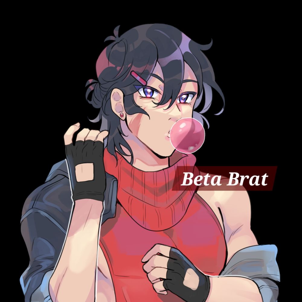 Suki's art of Beta Keith.

Beta Keith has his hair in a small bun and a barrette. He wears a sleeveless red sweater and blows bubblegum with a provocative expression.

The right middle of the image has "Beta Brat" written in white text against a dark red background.