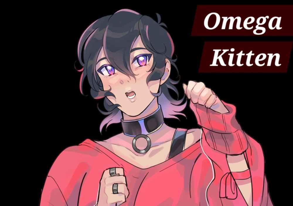 Suki's art of Omega Keith.

Omega Keith has purple lowlights, a wide omega collar with an O-ring, & wears a loose pink top. He has a sweet, vulnerable expression and paws at the air with his hands.

The upper right corner of the image has "Omega Kitten" written in white text against a dark red background.