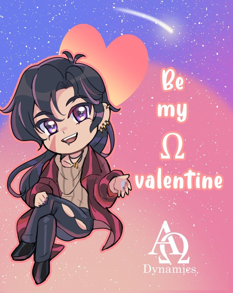 A digital illustration of our Alpha Keith mascot in chibi form, which has been incorporated into a space-themed virtual Valentine's card which says "Be my Ω (Greek letter Omega) valentine".

Alpha Keith has his hair styled in a long ponytail. He wears a maroon leather jacket, black pants and black nail polish, and lots of piercings. He smiles and beckons towards the viewer with all the confidence of a rock star.

The background is a starry sky with blue, purple, pink, and orange tones. A heart and a shooting star emphasize Keith’s head and the text.

The zine logo (the Greek letters Alpha and Omega intertwined with "Dynamics" below) sits in the right bottom corner.