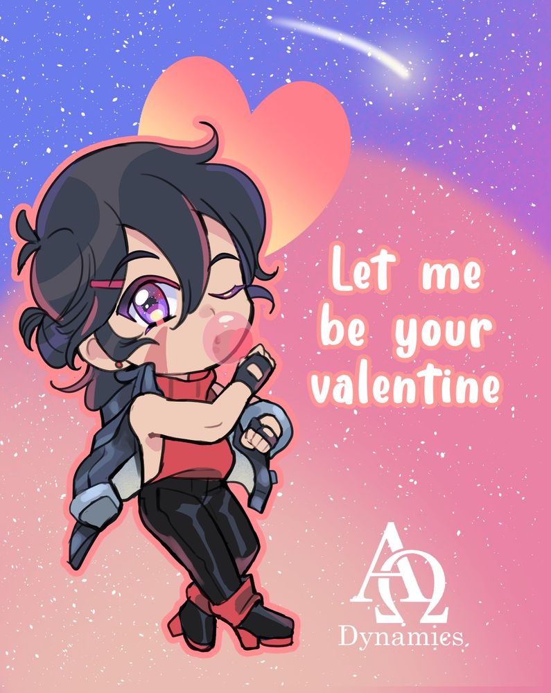 A digital illustration of our Beta Keith mascot in chibi form, which has been incorporated into a space-themed virtual Valentine's card which says "Let me be your valentine".

Beta Keith has his hair in a small bun and a barrette. He wears a sleeveless red sweater his fingerless gloves. He blows bubblegum and winks at the viewer with a provocative expression.

The background is a starry sky with blue, purple, pink, and orange tones. A heart and a shooting star emphasize Keith’s head and the text.

The zine logo (the Greek letters Alpha and Omega intertwined with "Dynamics" below) sits in the right bottom corner.