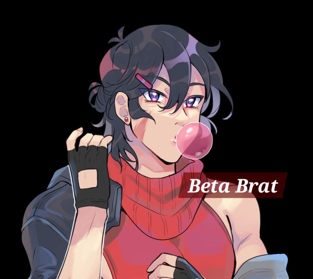 Suki's art of Beta Keith.

Beta Keith has his hair in a small bun and a barrette. He wears a sleeveless red sweater and blows bubblegum with a provocative expression.

The right corner of the image has "Beta Brat" written in white text against a dark red background.