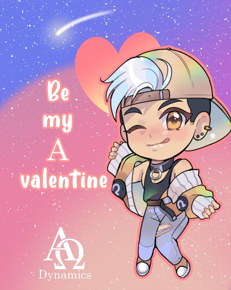 A digital illustration of our Omega Shiro mascot in chibi form, which has been incorporated into a space-themed virtual Valentine's card which says "Be my Α (Greek letter Alpha) valentine".

Omega Shiro has black hair with a white forelock, but no scar or prosthetic arm. He wears a shimmery metallic gold backwards baseball cap, a thin skimpy black tank top, and a collar with a ring on the front. He seems to be in the middle of slipping off his loose gold sweater which is decorated with Omega symbols. He has a coy, mischievous expression and winks at the viewer with a bit of tongue peeking out the side of his mouth. 

The background is a starry sky with blue, purple, pink, and orange tones. A heart and a shooting star emphasize Keith’s head and the text.

The zine logo (the Greek letters Alpha and Omega intertwined with "Dynamics" below) sits in the left bottom corner.