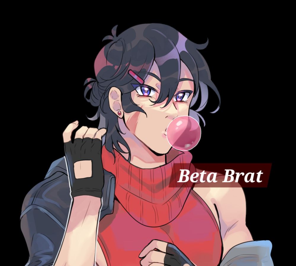 Suki's art of Beta Keith.

Beta Keith has his hair in a small bun and a barrette. He wears a sleeveless red sweater and blows bubblegum with a provocative expression.

The right corner of the image has "Beta Brat" written in white text against a dark red background.