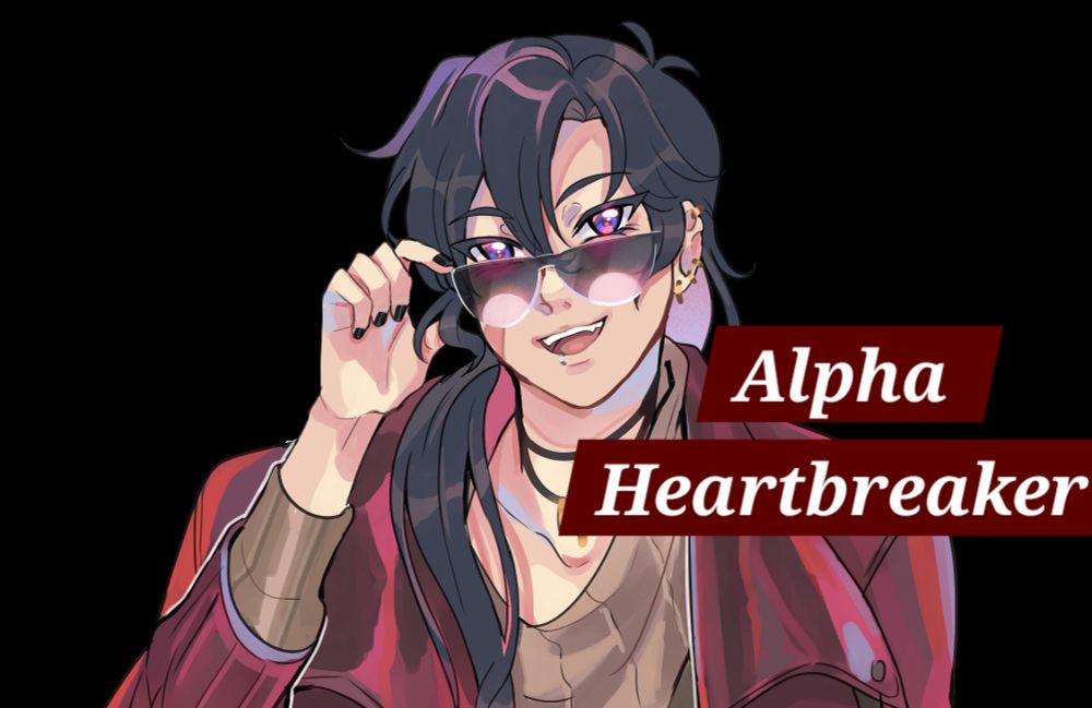 Suki's art of Alpha Keith.

Alpha Keith has his hair styled in a long ponytail. He wears a maroon leather jacket and looks down over his sunglasses with the confidence of a rock star.

The upper right corner of the image has "Alpha Heartbreaker" written in white text against a dark red background.