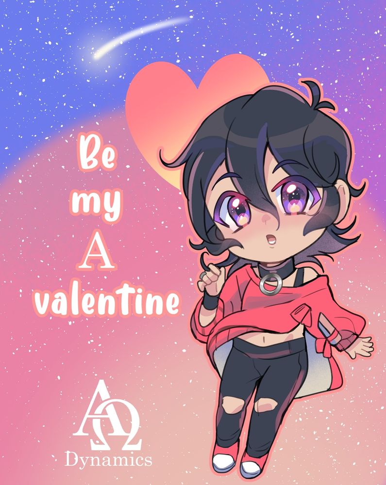 A digital illustration of our Omega Keith mascot in chibi form, which has been incorporated into a space-themed virtual Valentine's card which says "Be my Α (Greek letter Alpha) valentine".

Omega Keith has purple lowlights, a wide omega collar, and wears a loose pink top that's blowing in the wind to reveal some of his midriff. He has a sweet, vulnerable expression.

The background is a starry sky with blue, purple, pink, and orange tones. A heart and a shooting star emphasize Keith’s head and the text.

The zine logo (the Greek letters Alpha and Omega intertwined with "Dynamics" below) sits in the left bottom corner.