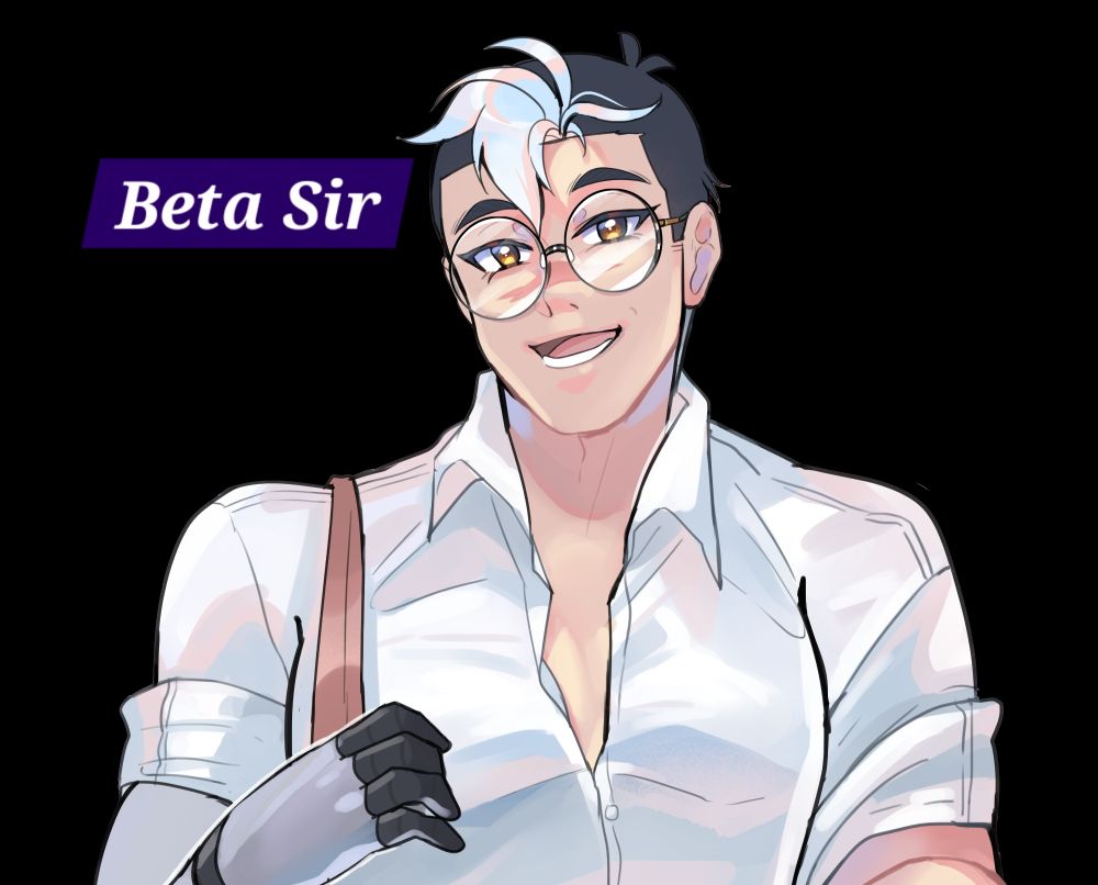 Suki's art of Beta Shiro

Beta Shiro has black hair with a white forelock, and wears round glasses. He's dressed in a white dress shirt open at the neck & rolled up sleeves. He has a kind, open expression. The hand of his prosthetic is visible.

The upper left corner of the image has "Beta Sir" written in white text against a dark purple background.