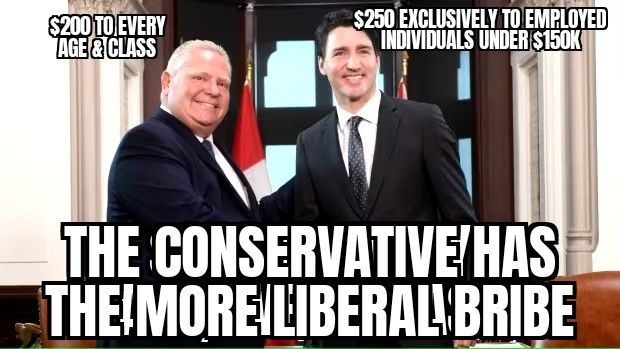 Meme. Picture of Justin Trudeau shaking Doug Ford's hand and smiling at the camera.

Beside Ford: "$200 to every age & class"
Beside Trudeau: "$250 exclusively to employed individuals under $150k"
Bottom: " the Conservative has the more liberal bribe"