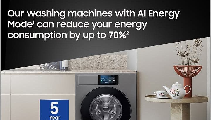 Advert reads "our washing machines with AI Energy Mode can reduce your energy consumption by up to 70%". Picture in background is a kitchen. 