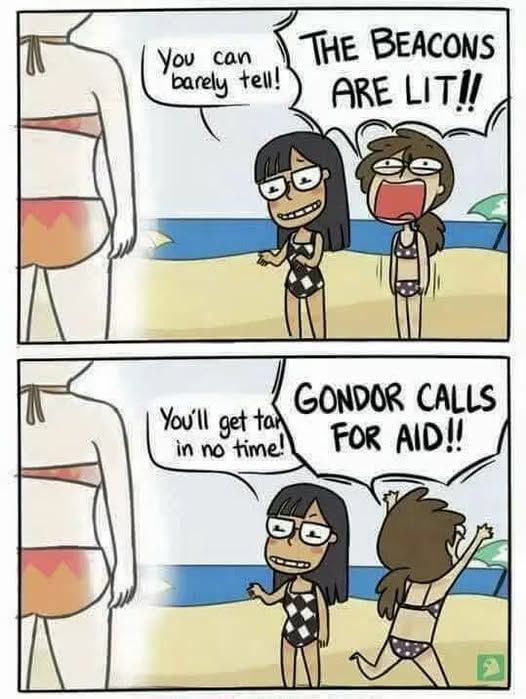 comic with a reflective glowing white girl in a bathing suit while her friends yells THE BEACONS ARE LIT, GONDOR CALLS FOR AID